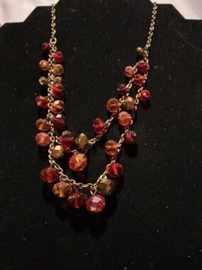 ★ Layered Red Orange Crystal Beaded Statement Necklace Glam